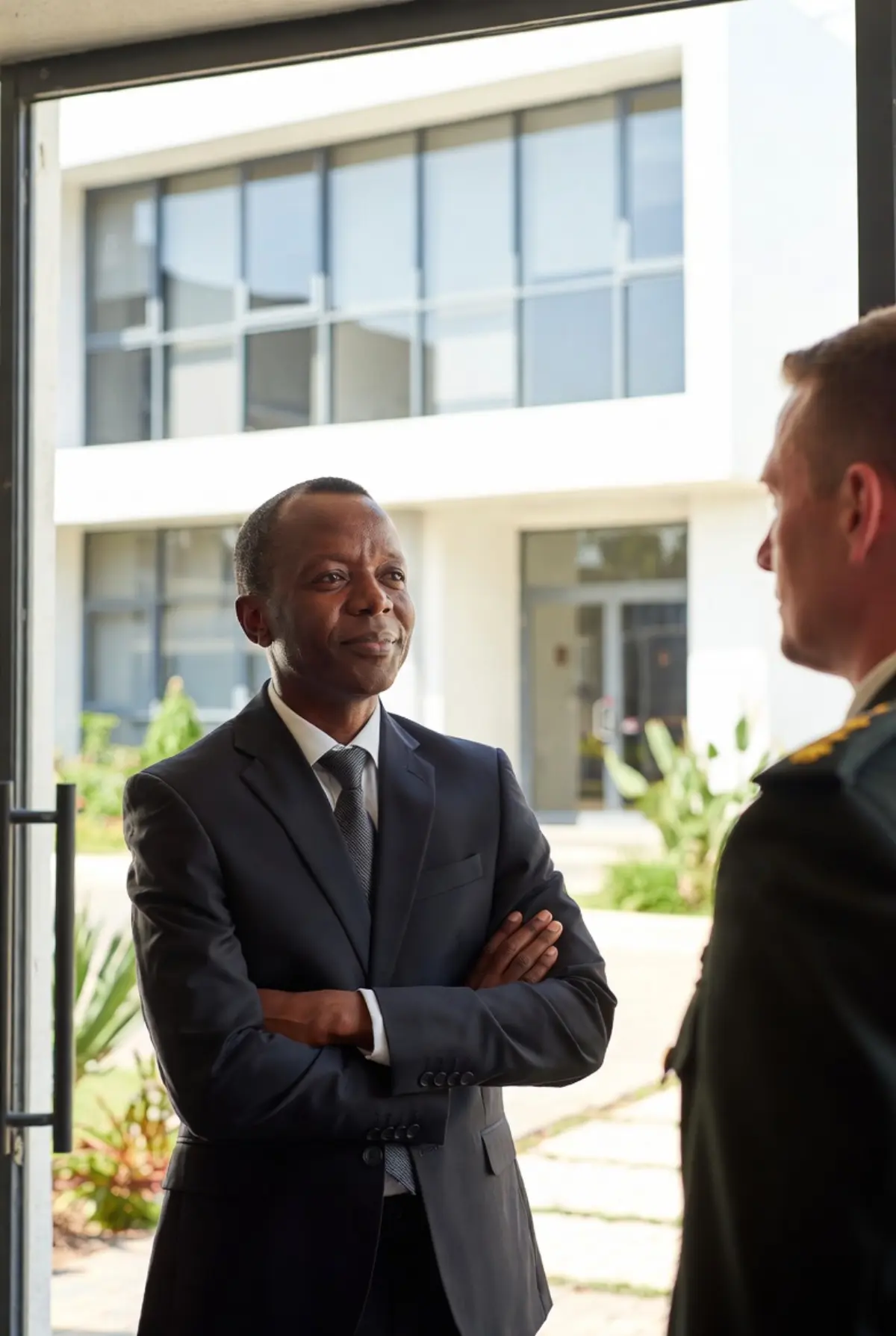 Employer and veteran shaking hands in a welcoming office meeting